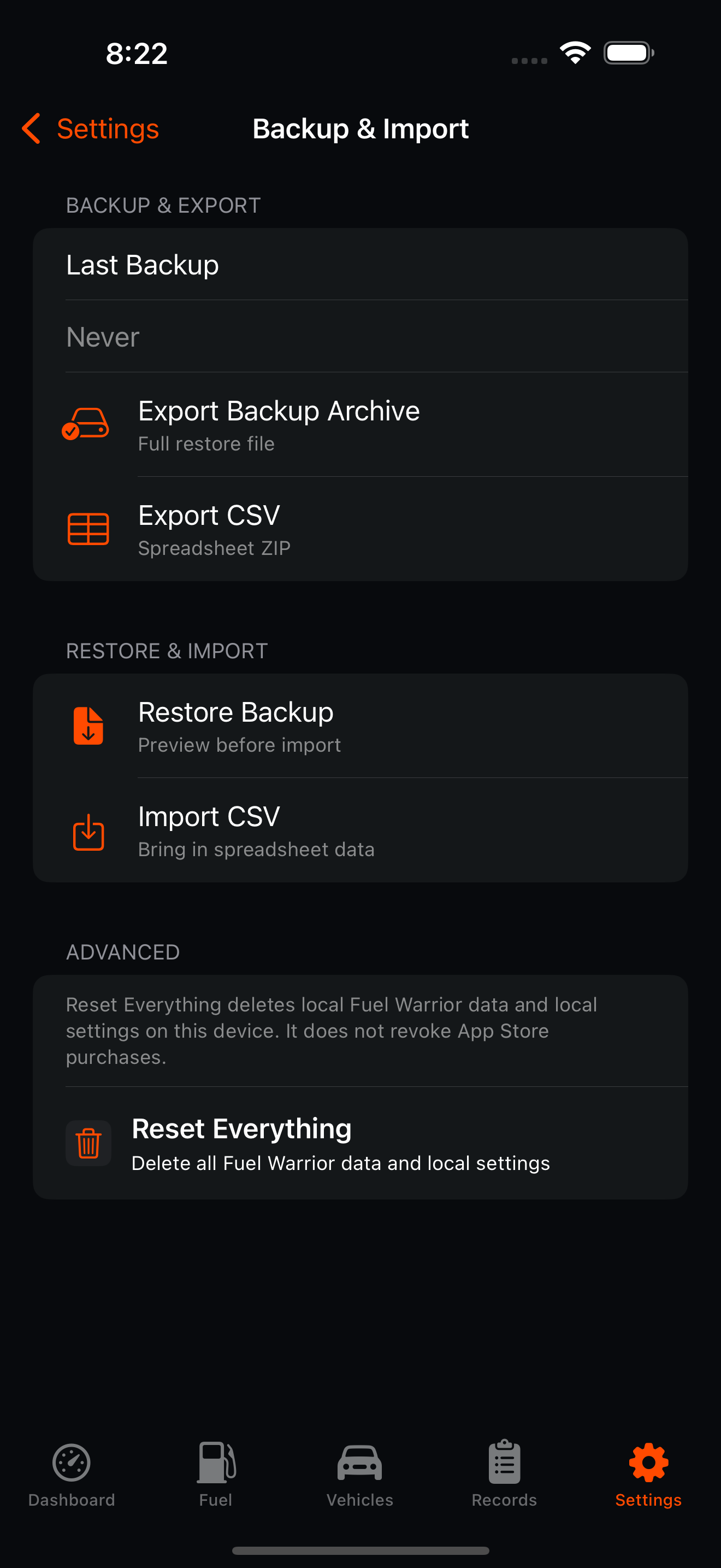 Fuel Warrior Backup and Import settings screen.