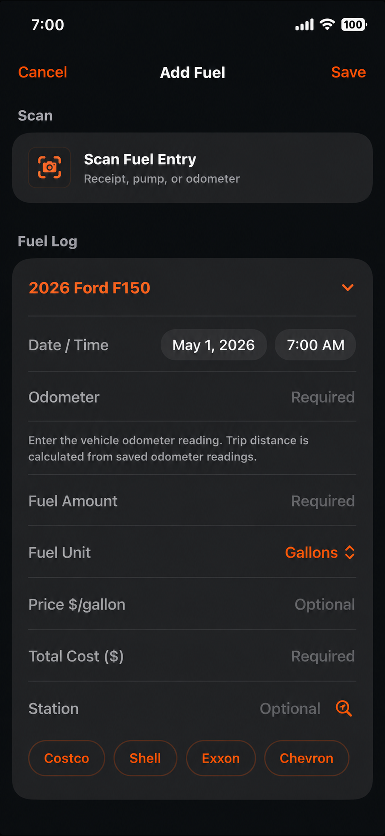 Fuel Warrior fuel log screenshot