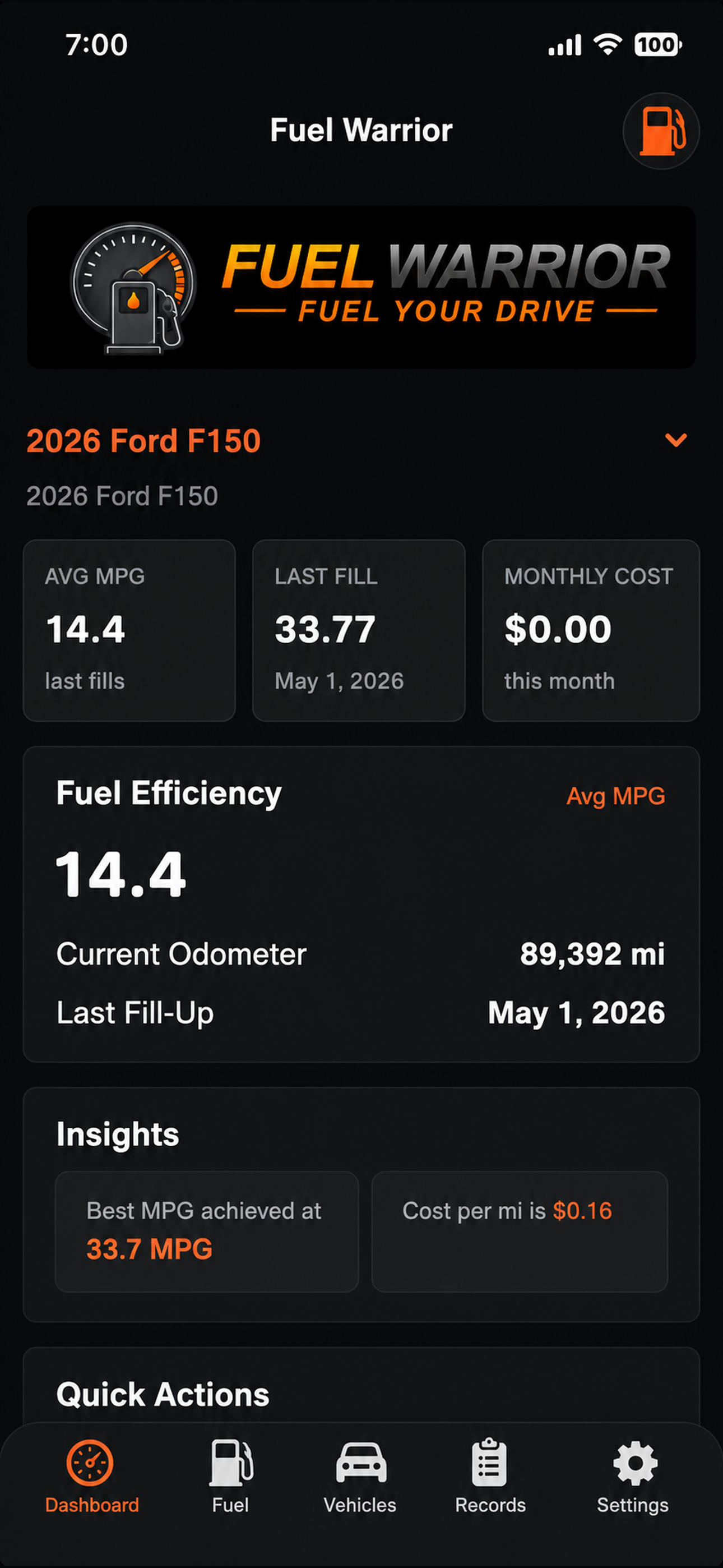 Fuel Warrior dashboard screenshot