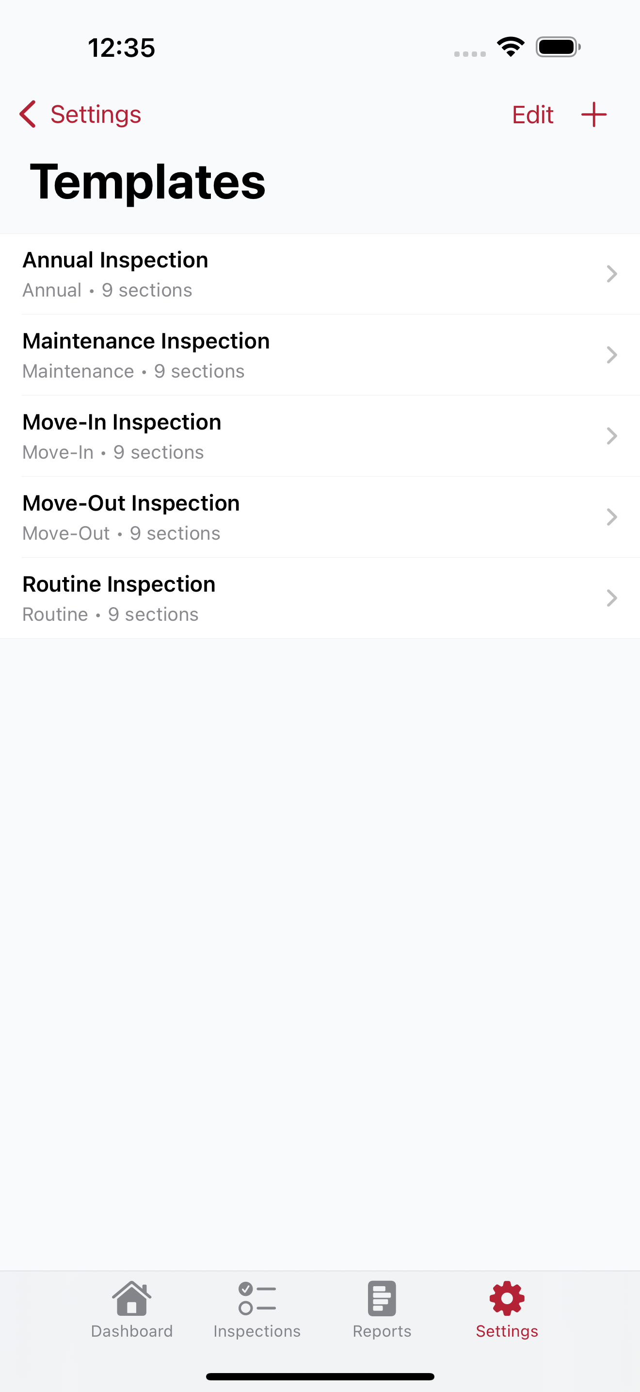 Inspect Warrior: Inspections templates screen.