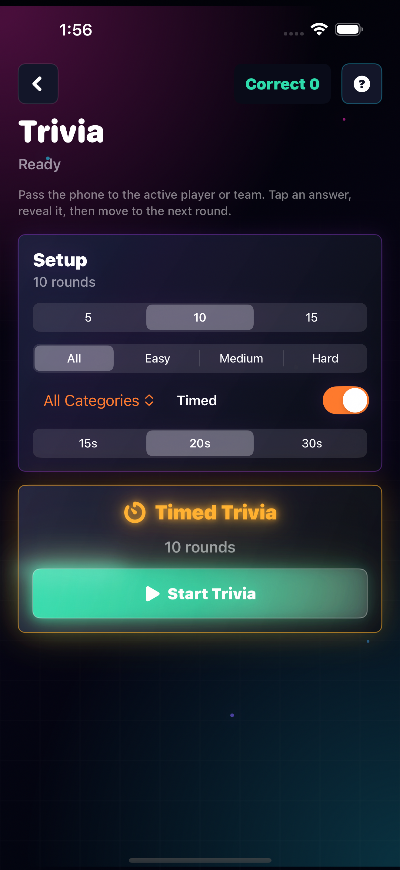 Table Warrior trivia screen.