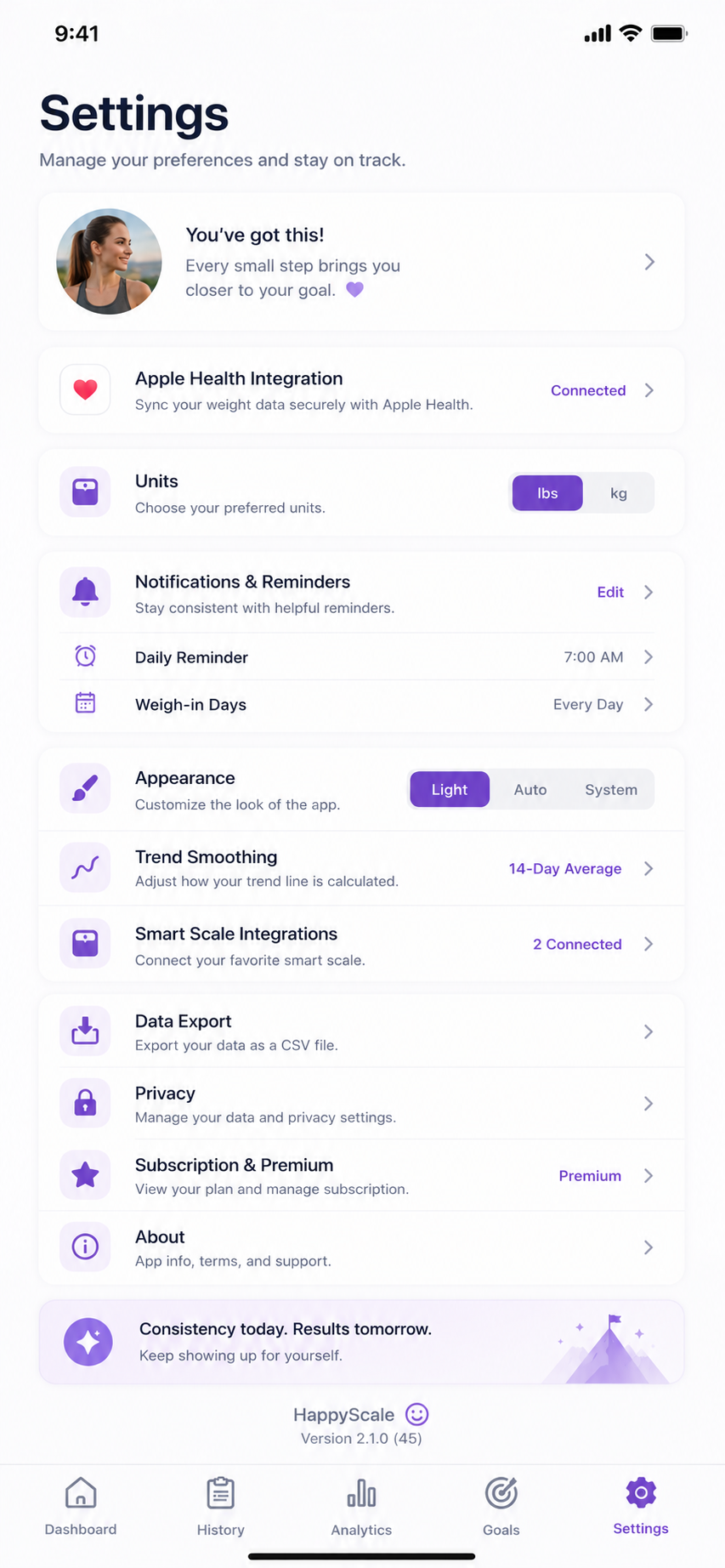Weight Warrior settings screen.